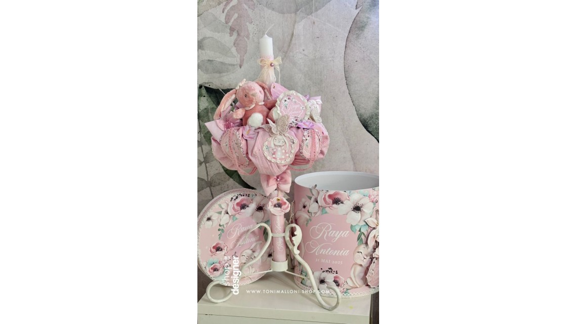 Lumanare de botez cu iepuras roz si pattern floral Happy Bunny 6